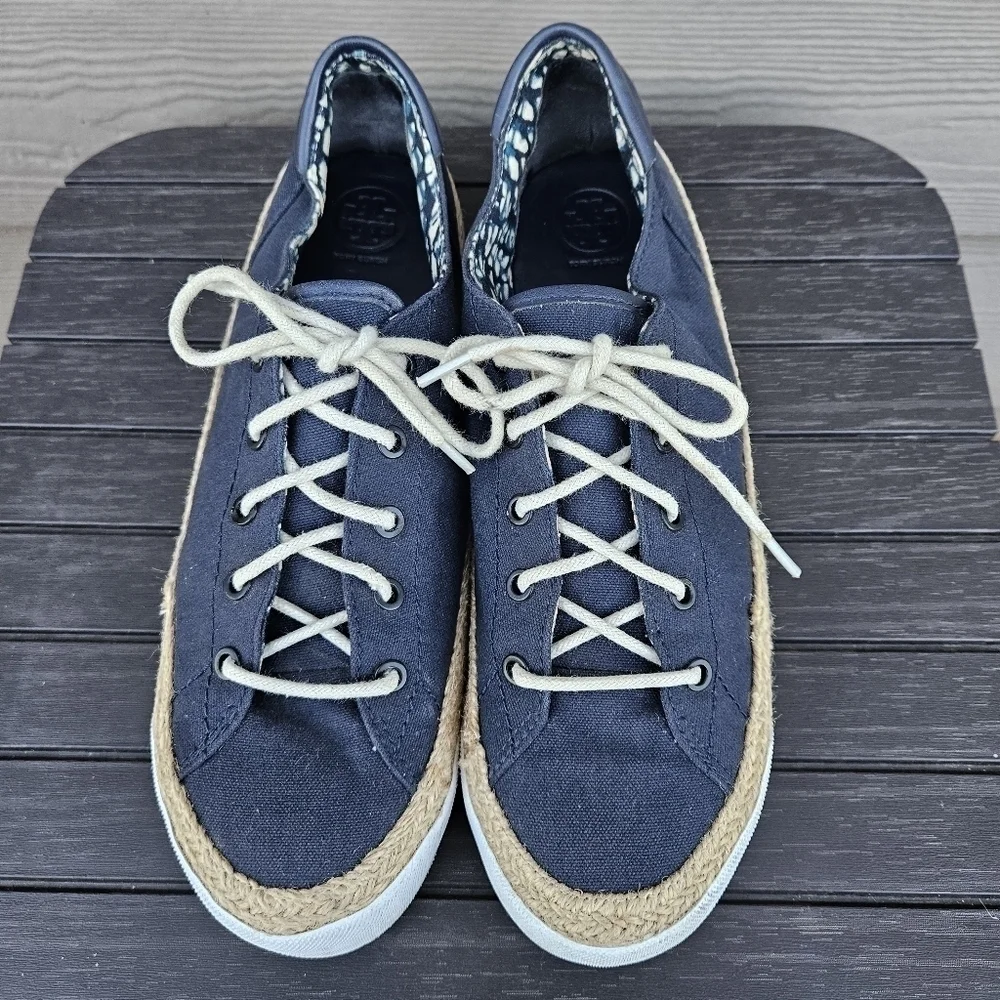 Tory Burch Platform Espadrille Sneakers Navy Blue Canvas & Jute Women's Size 11